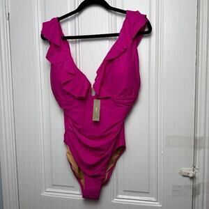 J Crew Swimsuit Womens 12 Pink Ruched Ruffle One Piece Sleeveless V Neck NWT